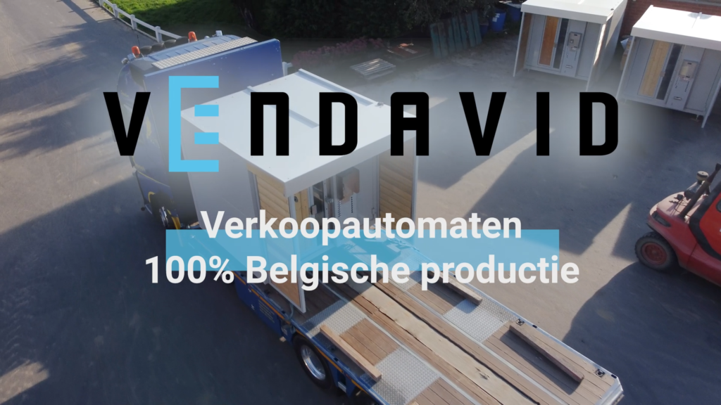 Beeld uit video met tekst vendavid en verkoopautomaten 100% belgische productie. Vrachtwagen op de achtergrond